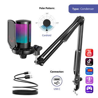 FIFINE A6T Πολύχρωμο μικρόφωνο παιχνιδιών usb RGB με βραχίονα Boom-Μαύρο